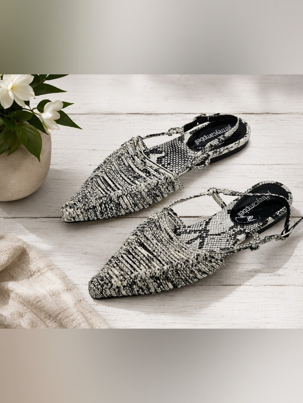 Jeffrey Campbell Black White Snakeskin Woven Pointed Toe Slingback Flats 7